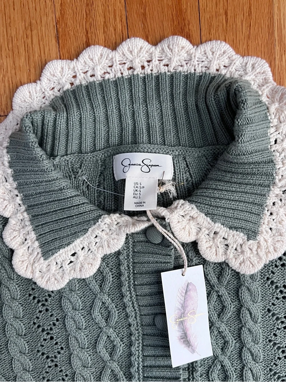 Sage Green Cable Knit Cardigan with Cream Crochet Lace Collar NWT - Picture 4 of 4